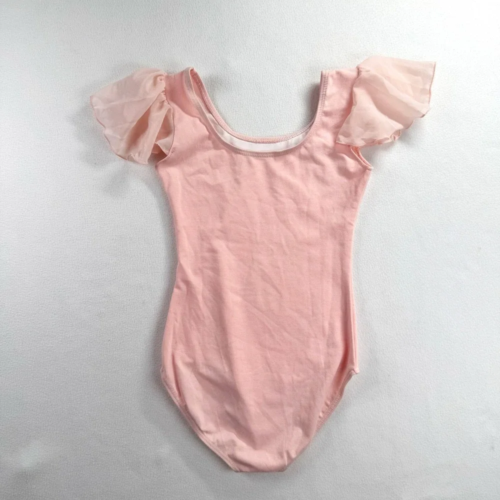 Girls Pink Flutter Sleeve Ballet Leotard Scoop‎ Neck Dance Gymnastics Size M